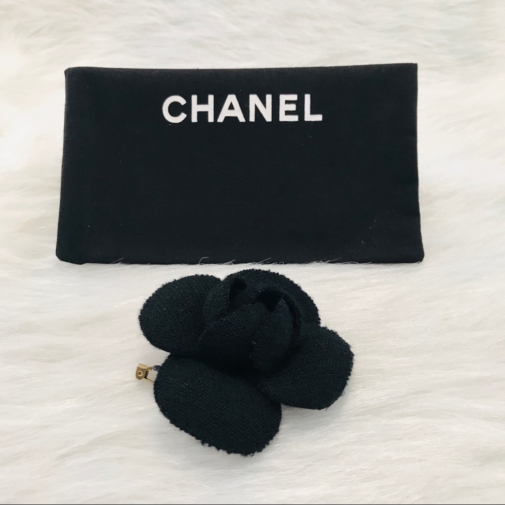 CHANEL Fabric Black Camellia Brooch Pin